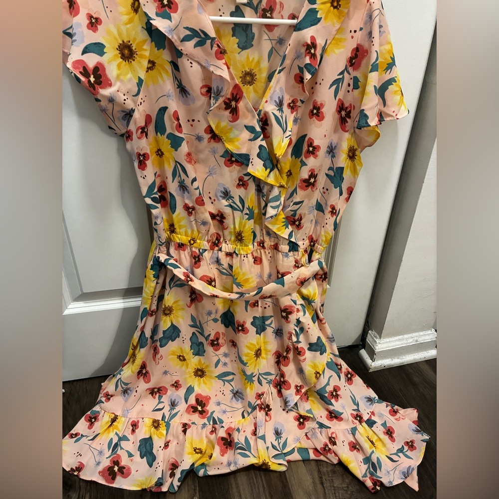 LC Lauren Conrad Yellow Pink Wrap Tie Front Midi Dress - Picture 2 of 5